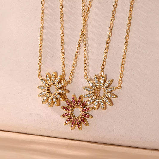 18K Gold-Plated Stainless Steel Ring Red White Zircon Sun Pendant Necklace Golden Bracelet Women'S Luxury Jewelry 3Pcs Set