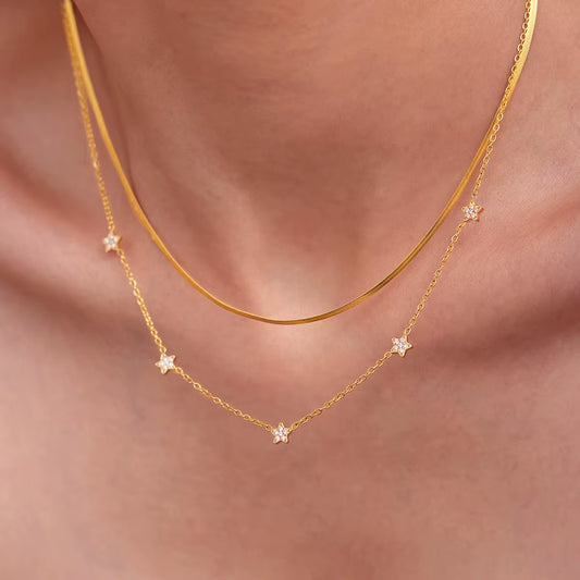 Fashion Star Bling Cubic Zirconia Necklace for Women 316L Stainless Steel PVD Gold Plated Collar Choker Daily Jewelry Gifts