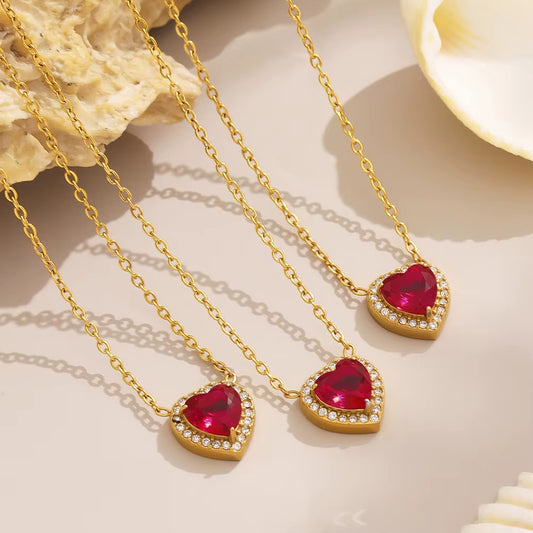 Red Zircon Heart-Shaped Pendant Necklace 316 Stainless Steel Ring Luxury Gold-Plated Earring Set Women'S Wedding Jewelry Gift