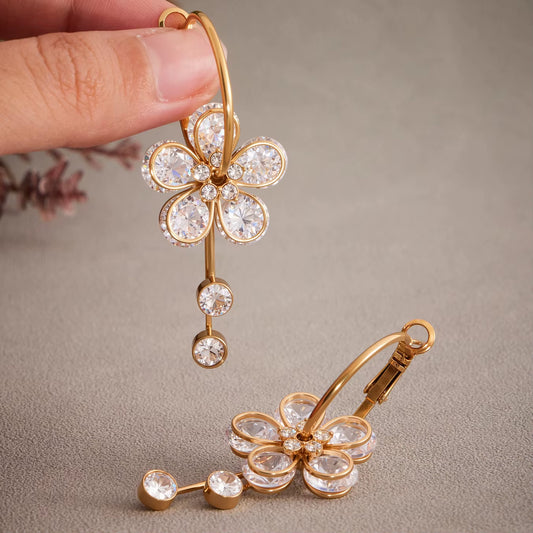 Stainless Steel Gold-Plated Flower Earrings Women'S Gold Color Silver Luxury Zircon Drop Earrings Femme Charming Jewelry Gift