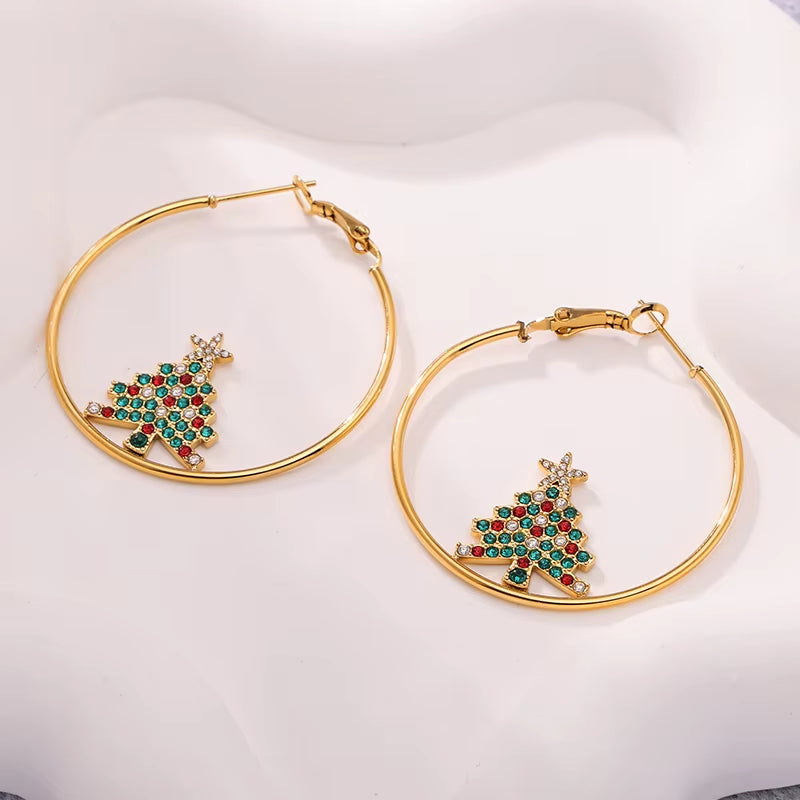 Creative Bling Cubic Zirconia Christmas Tree Drop Earrings Stainless Steel Big round Hoop Earrings for Women Pendientes Jewelry
