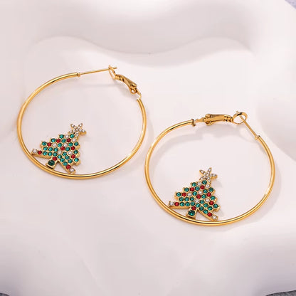 Creative Bling Cubic Zirconia Christmas Tree Drop Earrings Stainless Steel Big round Hoop Earrings for Women Pendientes Jewelry