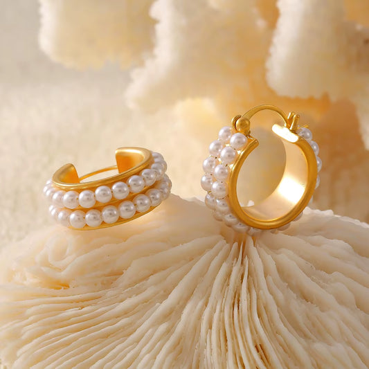 Fashion Double Row Imitation Pearl Earrings Women'S round Copper PVD Gold Plated Elegant Hoop Earrings Girls Jewelry Gift