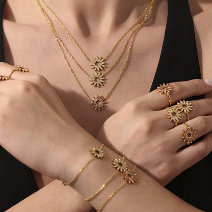 18K Gold-Plated Stainless Steel Ring Red White Zircon Sun Pendant Necklace Golden Bracelet Women'S Luxury Jewelry 3Pcs Set