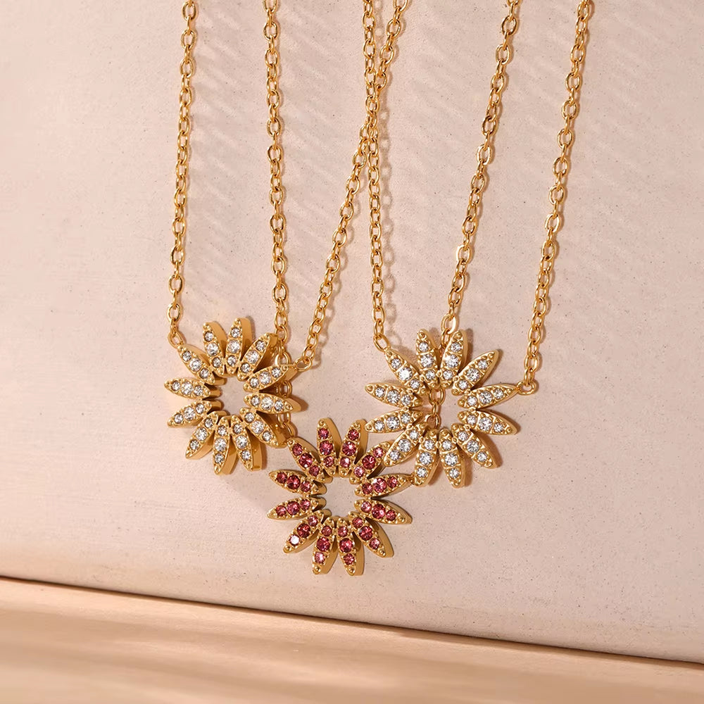 18K Gold-Plated Stainless Steel Ring Red White Zircon Sun Pendant Necklace Golden Bracelet Women'S Luxury Jewelry 3Pcs Set
