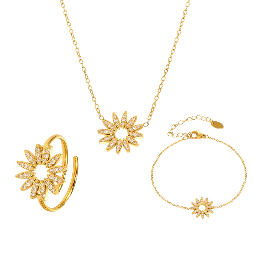 18K Gold-Plated Stainless Steel Ring Red White Zircon Sun Pendant Necklace Golden Bracelet Women'S Luxury Jewelry 3Pcs Set