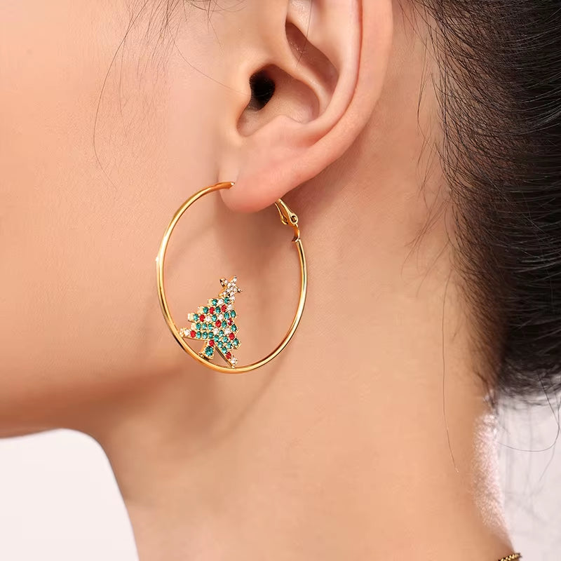 Creative Bling Cubic Zirconia Christmas Tree Drop Earrings Stainless Steel Big round Hoop Earrings for Women Pendientes Jewelry