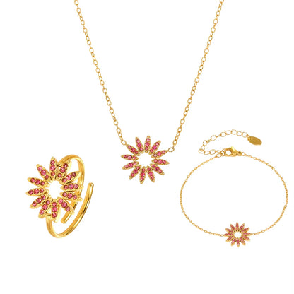 18K Gold-Plated Stainless Steel Ring Red White Zircon Sun Pendant Necklace Golden Bracelet Women'S Luxury Jewelry 3Pcs Set