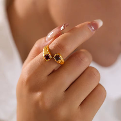 Stainless Steel Red Square Zircon Ring for Women Luxury Gold Plated Striped Open Ring Girl Wedding Jewelry Accessories Wholesale