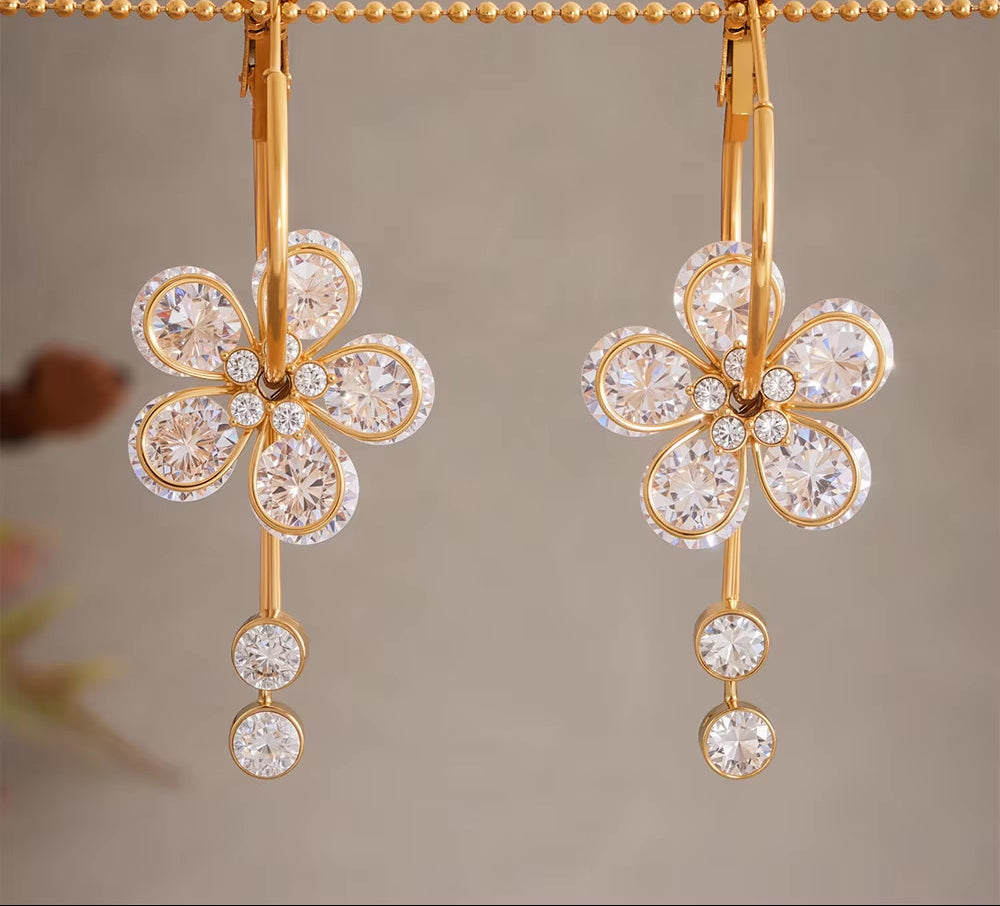 Stainless Steel Gold-Plated Flower Earrings Women'S Gold Color Silver Luxury Zircon Drop Earrings Femme Charming Jewelry Gift