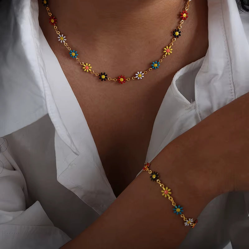 Modern Stainless Steel Necklace Bracelet for Women Flower Set Bohemian Colorful Oil Dropping Fashion Jewelry Accessories