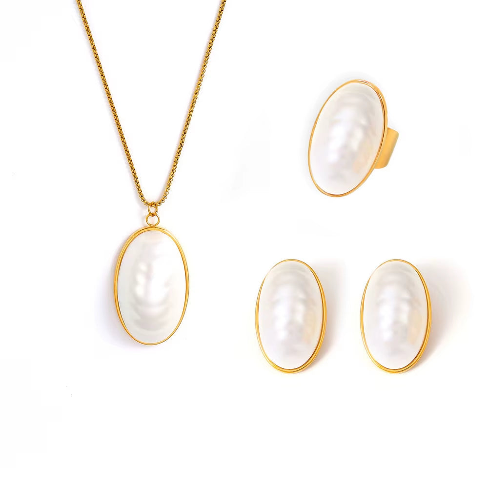 Stainless Steel Gold Plated Open Ring White Shell Oval Pendant Necklace Earrings Set Elegant Jewelry Accessories for Women