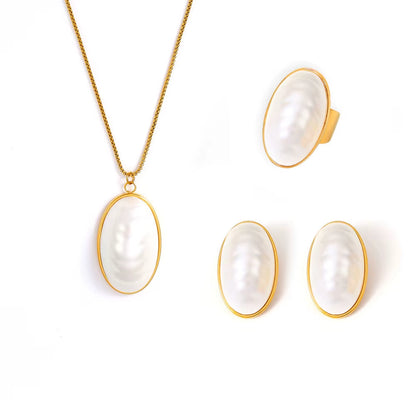 Stainless Steel Gold Plated Open Ring White Shell Oval Pendant Necklace Earrings Set Elegant Jewelry Accessories for Women