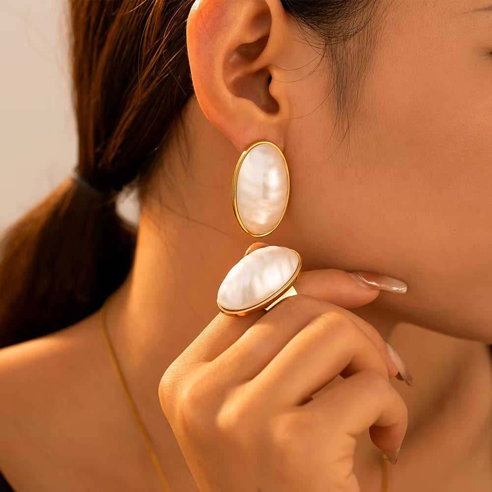 Stainless Steel Gold Plated Open Ring White Shell Oval Pendant Necklace Earrings Set Elegant Jewelry Accessories for Women