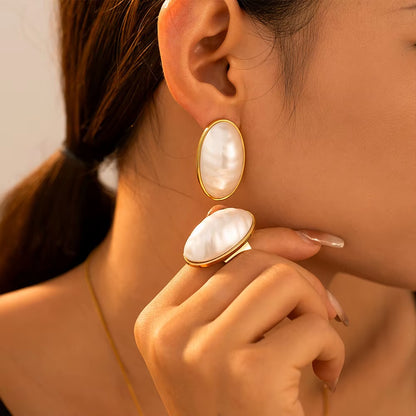 Stainless Steel Gold Plated Open Ring White Shell Oval Pendant Necklace Earrings Set Elegant Jewelry Accessories for Women
