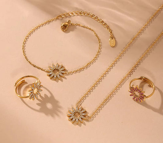 18K Gold-Plated Stainless Steel Ring Red White Zircon Sun Pendant Necklace Golden Bracelet Women'S Luxury Jewelry 3Pcs Set
