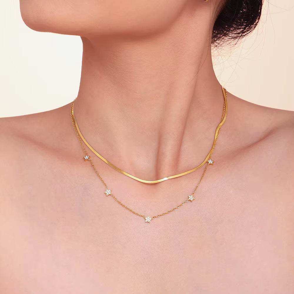 Fashion Star Bling Cubic Zirconia Necklace for Women 316L Stainless Steel PVD Gold Plated Collar Choker Daily Jewelry Gifts