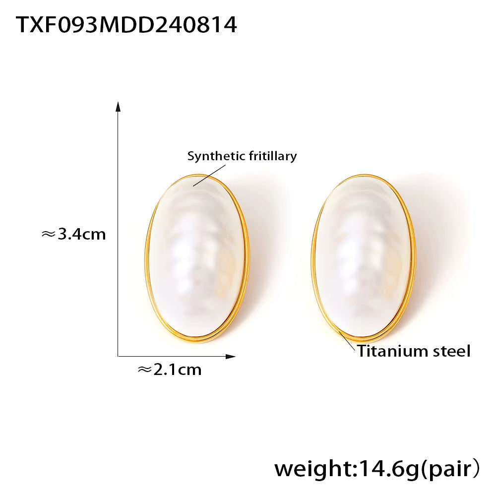 Stainless Steel Gold Plated Open Ring White Shell Oval Pendant Necklace Earrings Set Elegant Jewelry Accessories for Women