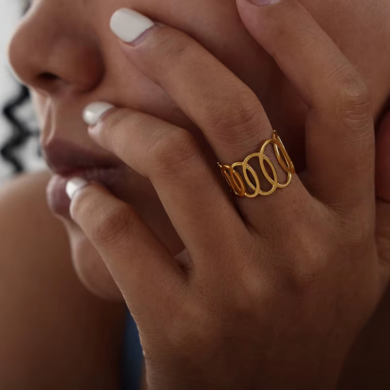 New Stainless Steel Gold Plated Ring for Women Fashion Circular Open Ring Couple Matching Gifts Girls Jewelry Accessories