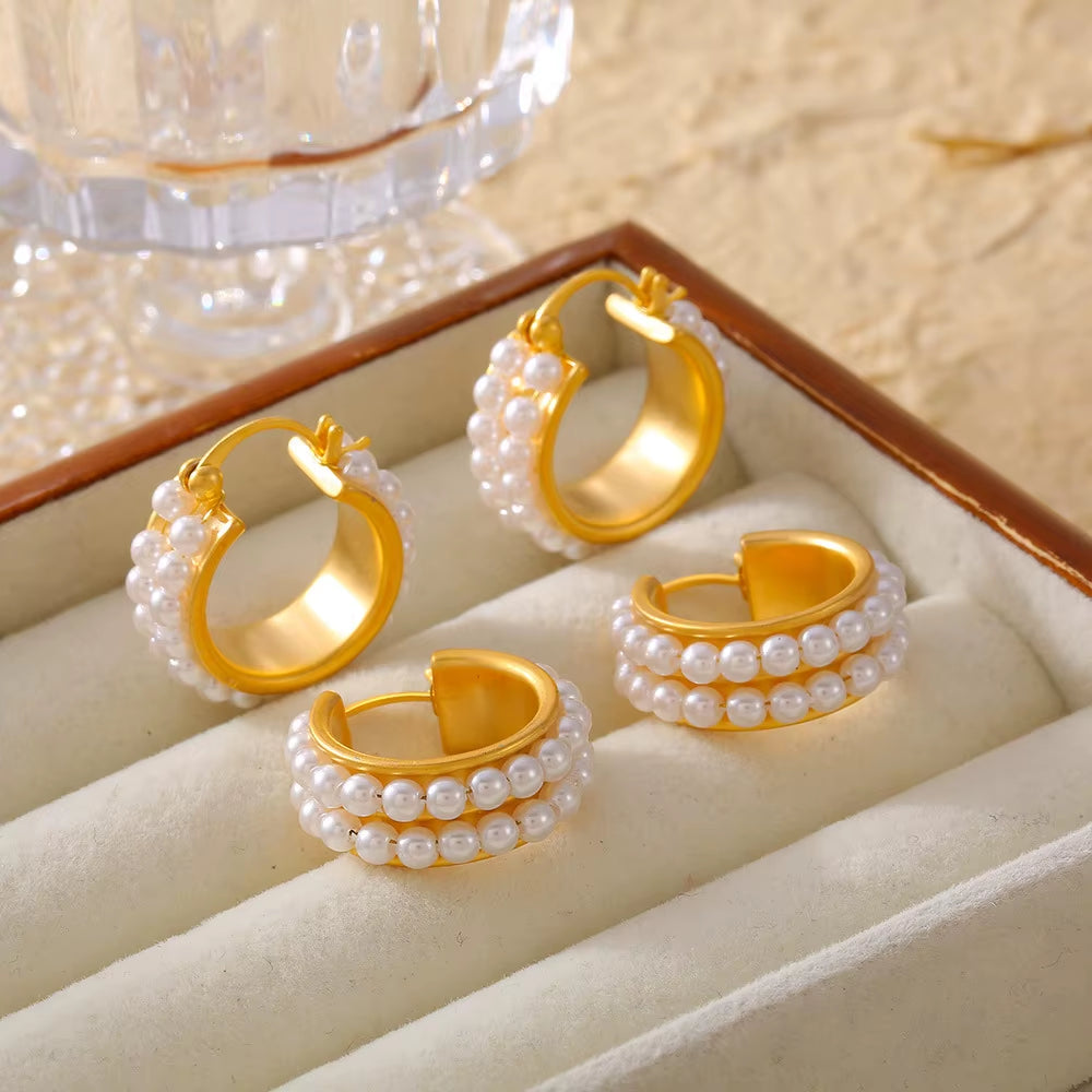 Fashion Double Row Imitation Pearl Earrings Women'S round Copper PVD Gold Plated Elegant Hoop Earrings Girls Jewelry Gift