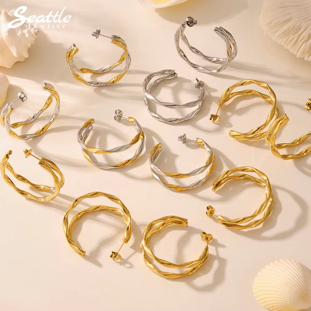 18K Gold-Plated Stainless Steel Earrings Large Stud for Women Golden and Silver Double-Layer Hoop Earrings Femme Luxury Jewelry