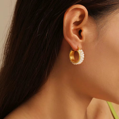 Fashion Double Row Imitation Pearl Earrings Women'S round Copper PVD Gold Plated Elegant Hoop Earrings Girls Jewelry Gift