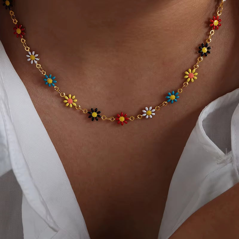 Modern Stainless Steel Necklace Bracelet for Women Flower Set Bohemian Colorful Oil Dropping Fashion Jewelry Accessories
