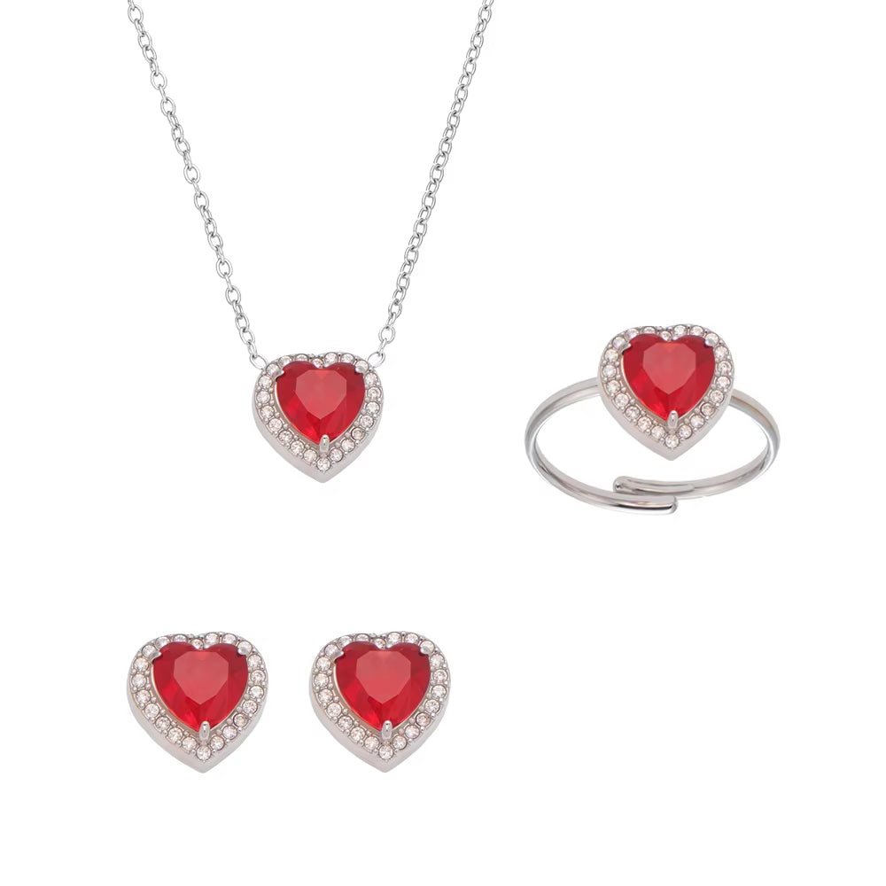 Red Zircon Heart-Shaped Pendant Necklace 316 Stainless Steel Ring Luxury Gold-Plated Earring Set Women'S Wedding Jewelry Gift