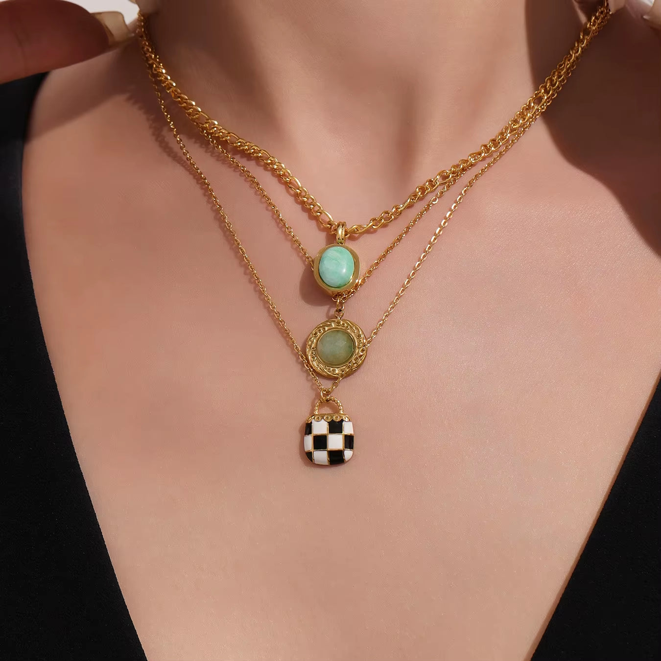 Black White Enamel Natural Stone Pendant Necklace for Women Fashion 316 Stainless Steel Necklace Femme Fashion Jewelry Gift