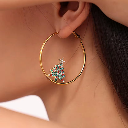 Creative Bling Cubic Zirconia Christmas Tree Drop Earrings Stainless Steel Big round Hoop Earrings for Women Pendientes Jewelry