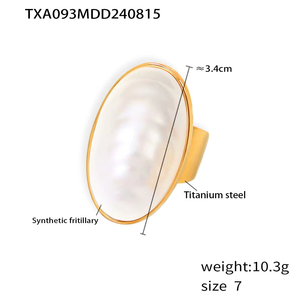 Stainless Steel Gold Plated Open Ring White Shell Oval Pendant Necklace Earrings Set Elegant Jewelry Accessories for Women