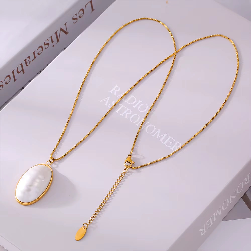 Stainless Steel Gold Plated Open Ring White Shell Oval Pendant Necklace Earrings Set Elegant Jewelry Accessories for Women