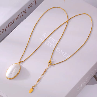 Stainless Steel Gold Plated Open Ring White Shell Oval Pendant Necklace Earrings Set Elegant Jewelry Accessories for Women
