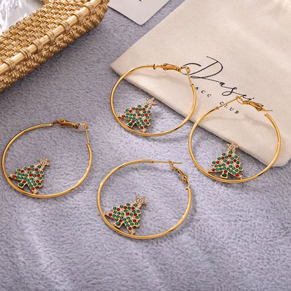 Creative Bling Cubic Zirconia Christmas Tree Drop Earrings Stainless Steel Big round Hoop Earrings for Women Pendientes Jewelry
