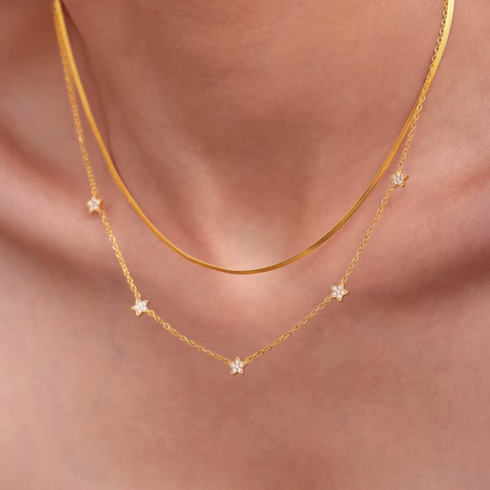 Fashion Star Bling Cubic Zirconia Necklace for Women 316L Stainless Steel PVD Gold Plated Collar Choker Daily Jewelry Gifts