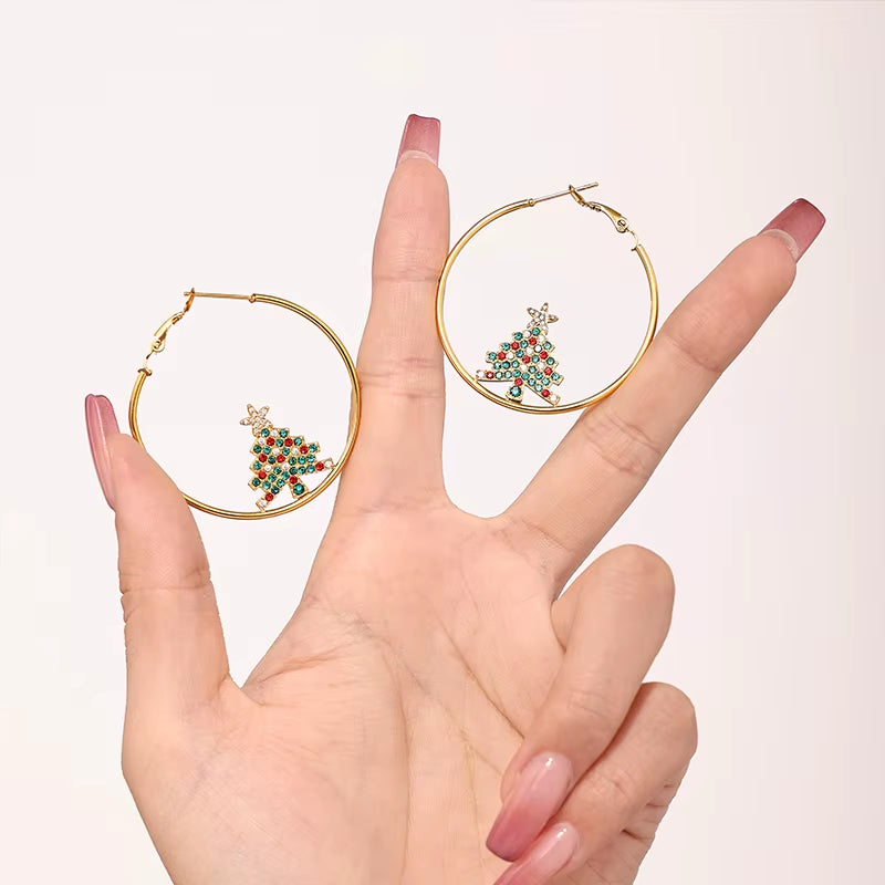 Creative Bling Cubic Zirconia Christmas Tree Drop Earrings Stainless Steel Big round Hoop Earrings for Women Pendientes Jewelry