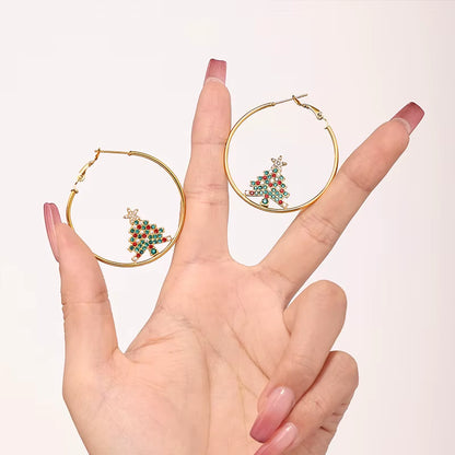 Creative Bling Cubic Zirconia Christmas Tree Drop Earrings Stainless Steel Big round Hoop Earrings for Women Pendientes Jewelry
