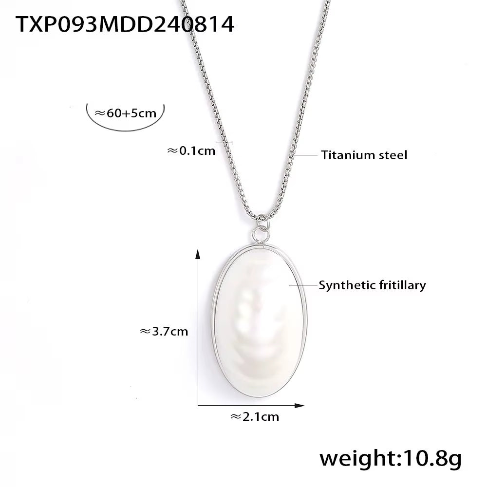 Stainless Steel Gold Plated Open Ring White Shell Oval Pendant Necklace Earrings Set Elegant Jewelry Accessories for Women