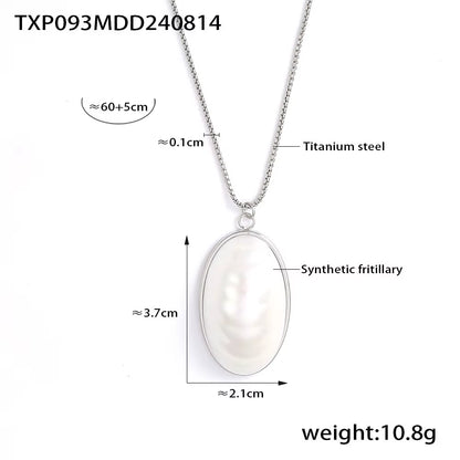 Stainless Steel Gold Plated Open Ring White Shell Oval Pendant Necklace Earrings Set Elegant Jewelry Accessories for Women