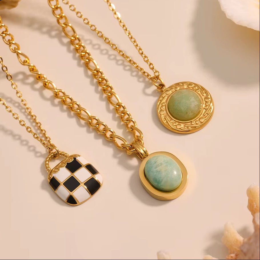 Black White Enamel Natural Stone Pendant Necklace for Women Fashion 316 Stainless Steel Necklace Femme Fashion Jewelry Gift