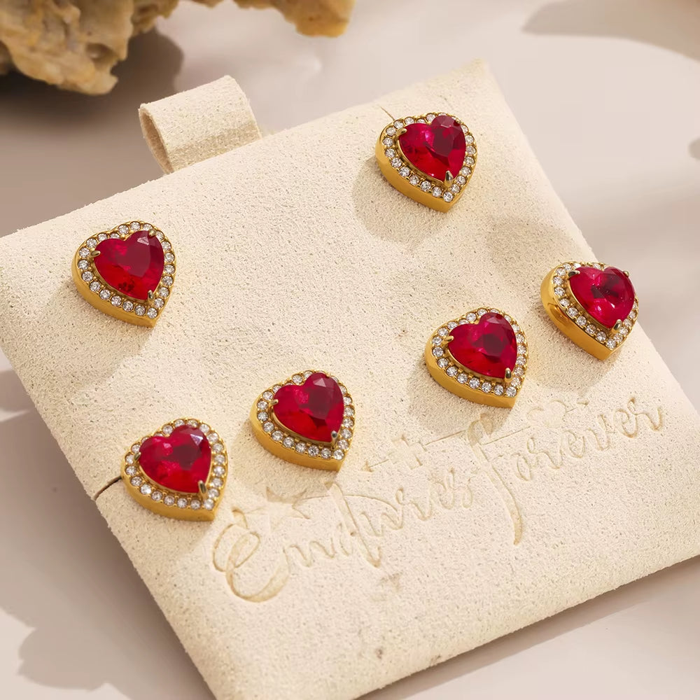 Red Zircon Heart-Shaped Pendant Necklace 316 Stainless Steel Ring Luxury Gold-Plated Earring Set Women'S Wedding Jewelry Gift