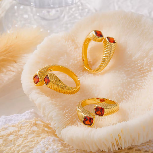 Stainless Steel Red Square Zircon Ring for Women Luxury Gold Plated Striped Open Ring Girl Wedding Jewelry Accessories Wholesale