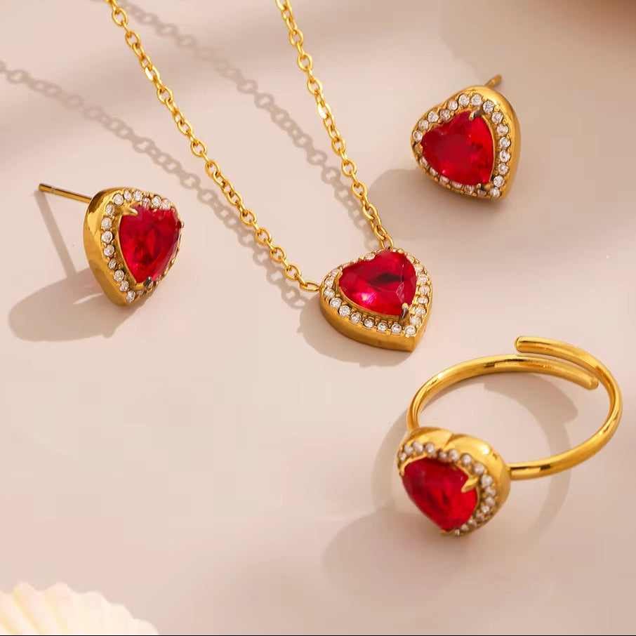 Red Zircon Heart-Shaped Pendant Necklace 316 Stainless Steel Ring Luxury Gold-Plated Earring Set Women'S Wedding Jewelry Gift