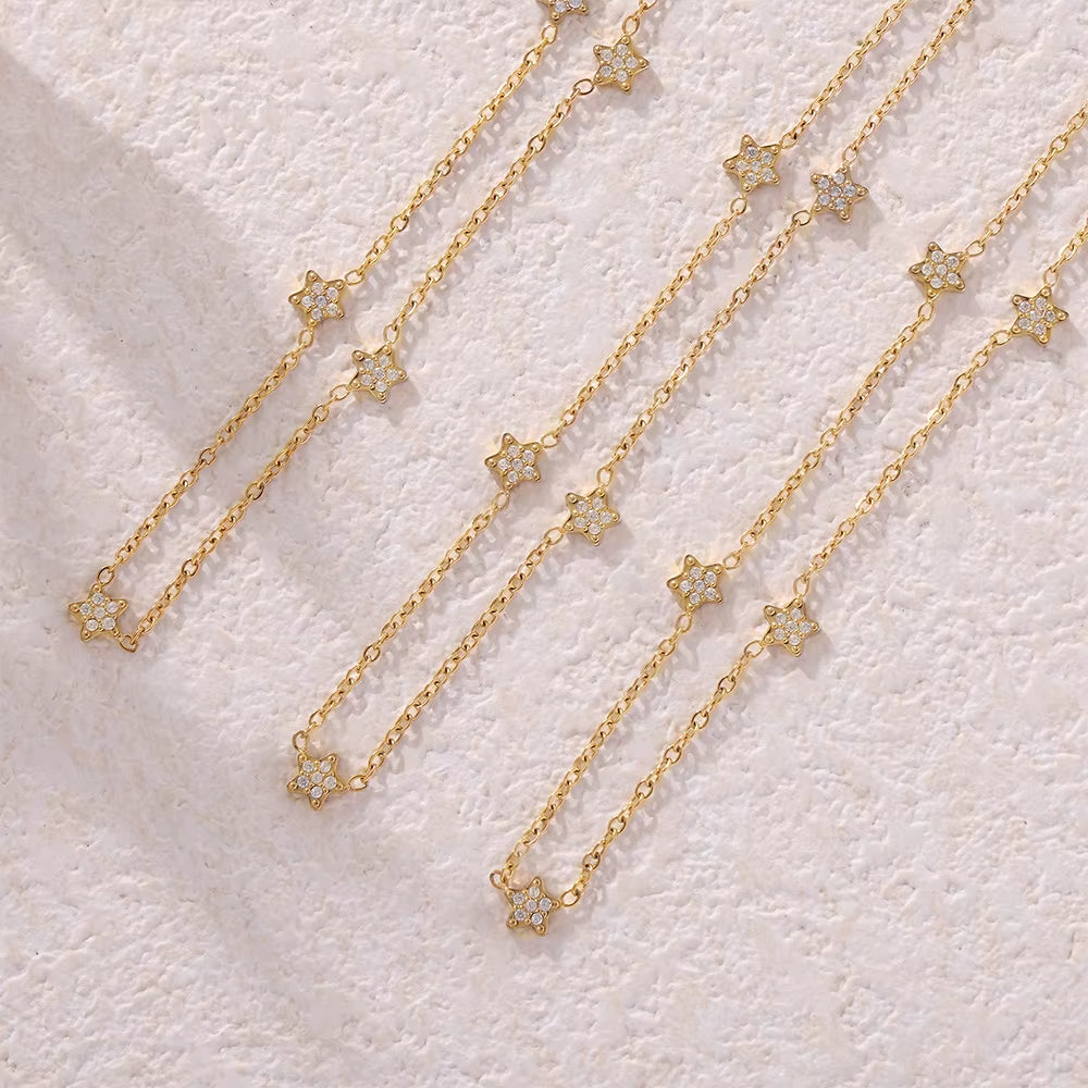 Fashion Star Bling Cubic Zirconia Necklace for Women 316L Stainless Steel PVD Gold Plated Collar Choker Daily Jewelry Gifts