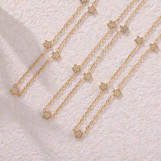 Fashion Star Bling Cubic Zirconia Necklace for Women 316L Stainless Steel PVD Gold Plated Collar Choker Daily Jewelry Gifts