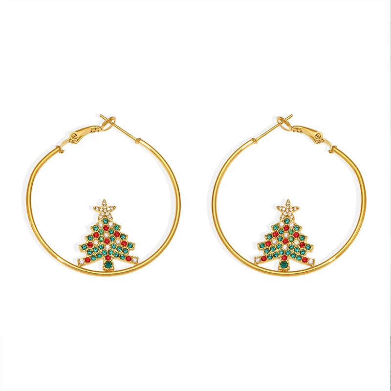 Creative Bling Cubic Zirconia Christmas Tree Drop Earrings Stainless Steel Big round Hoop Earrings for Women Pendientes Jewelry