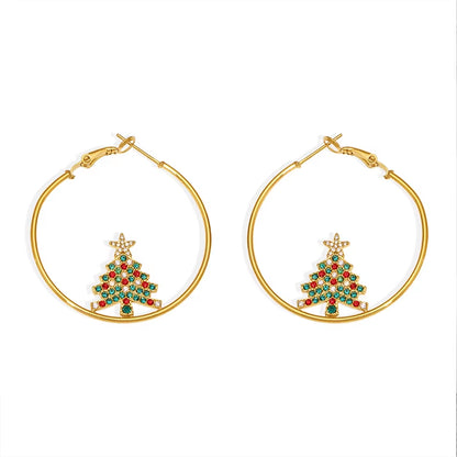 Creative Bling Cubic Zirconia Christmas Tree Drop Earrings Stainless Steel Big round Hoop Earrings for Women Pendientes Jewelry