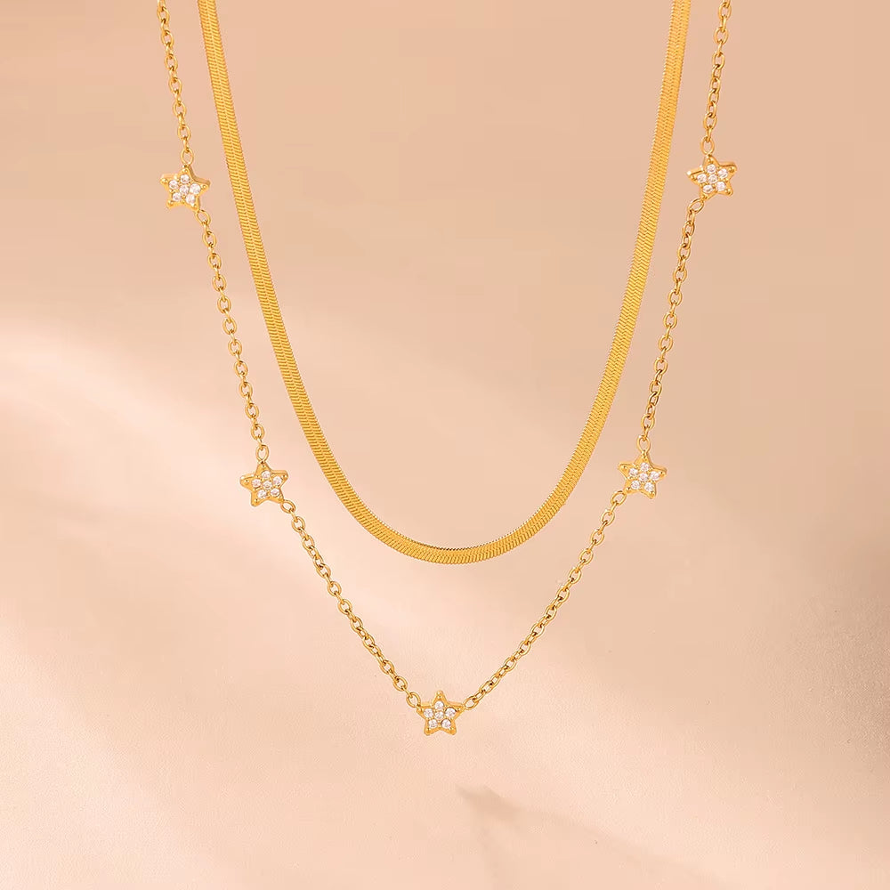 Fashion Star Bling Cubic Zirconia Necklace for Women 316L Stainless Steel PVD Gold Plated Collar Choker Daily Jewelry Gifts