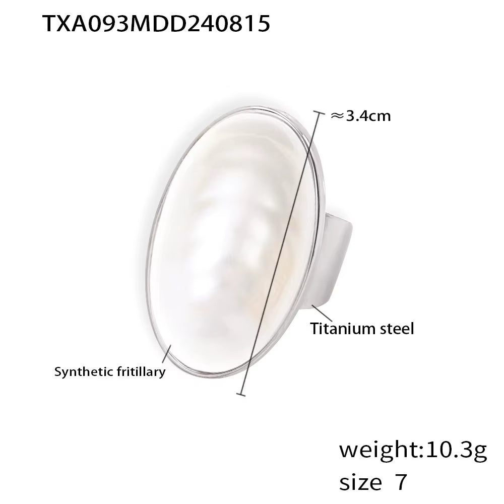 Stainless Steel Gold Plated Open Ring White Shell Oval Pendant Necklace Earrings Set Elegant Jewelry Accessories for Women