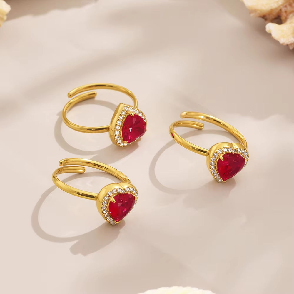 Red Zircon Heart-Shaped Pendant Necklace 316 Stainless Steel Ring Luxury Gold-Plated Earring Set Women'S Wedding Jewelry Gift
